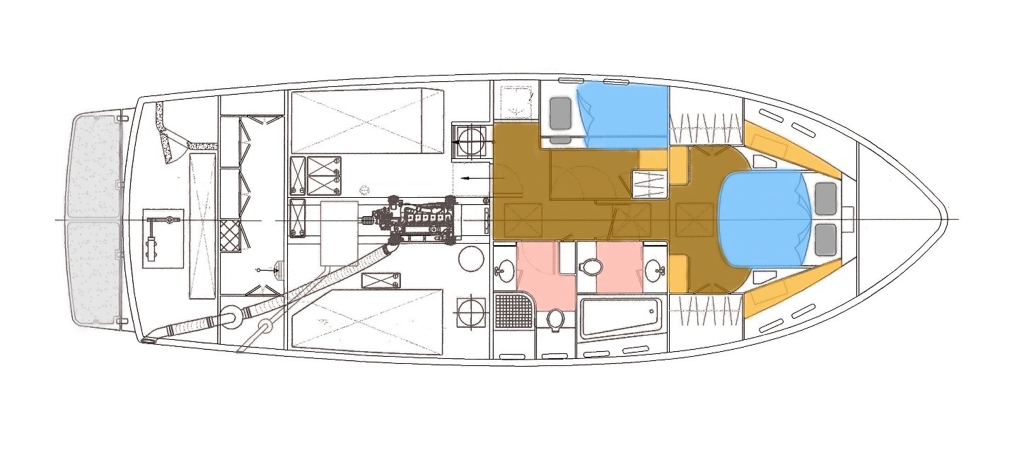 LAYOUT: Lower Deck – Engine Room, Staterooms, Heads 