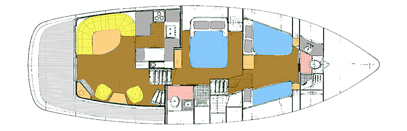 LAYOUT: Main and Lower Deck – Saloon, Galley, Heads and Staterooms 